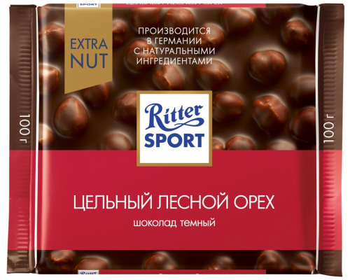 Шоколад темный RITTER SPORT Цельный лесной орех, 100г, Германия, 100 г