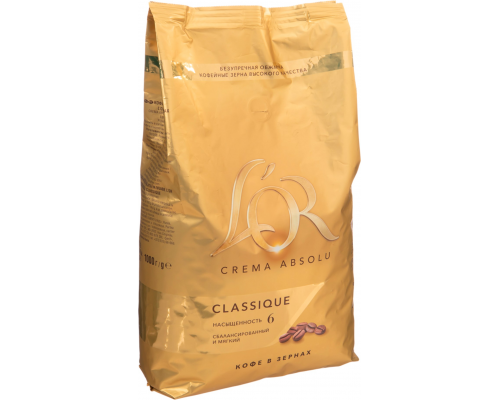 Кофе зерновой L’OR Crema Absolu Classique натуральный жареный, 1кг, Россия, 1000 г