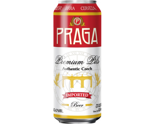 Пиво светлое PRAGA Premium Pils фильтрованное пастеризованное, 4,7%, ж/б, 0.5л, Чехия, 0.5 L