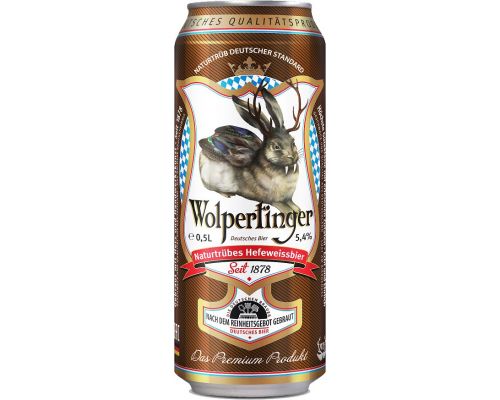 Пиво светлое WOLPERTINGER Naturtrubes hefeweissbier нефильтрованное пастеризованное, 5,4%, ж/б, 0.5л, Германия, 0.5 L