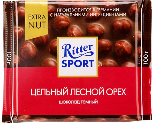 Шоколад темный RITTER SPORT Цельный лесной орех, 100г, Германия, 100 г