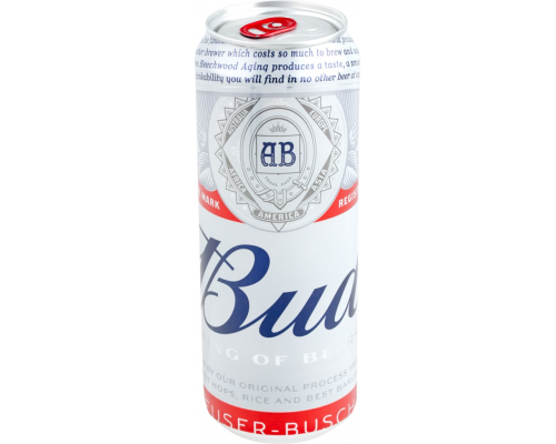 Пиво светлое BUD пастеризованное, 5%, ж/б, 0.45л, Россия, 0.45 L