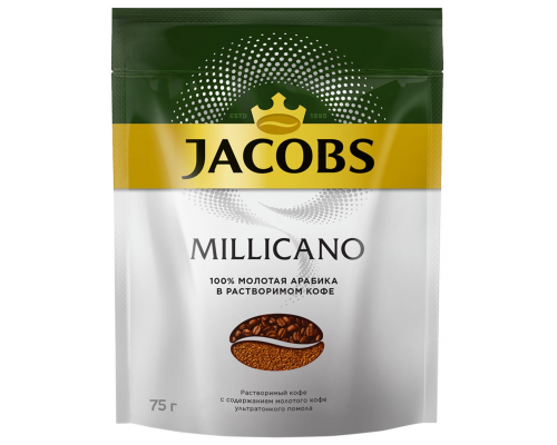 Кофе растворимый с добавлением молотого JACOBS Millicano натуральный сублимированный, 75г, Россия, 75 г