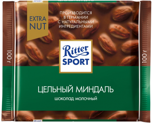 Шоколад молочный RITTER SPORT Цельный миндаль, 100г, Германия, 100 г