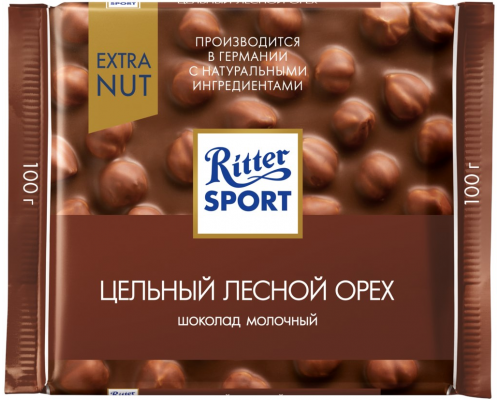 Шоколад молочный RITTER SPORT Цельный лесной орех, 100г, Германия, 100 г