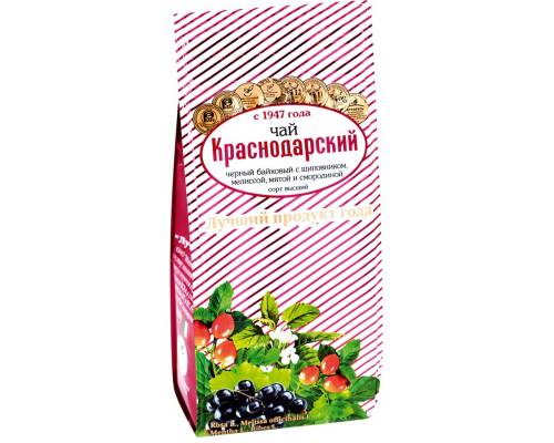 Чай черный КРАСНОДАРСКИЙ С 1947 ГОДА байховый с шиповником, мелиссой, мятой и смородиной высший сорт листовой, 100г, Россия, 100 г