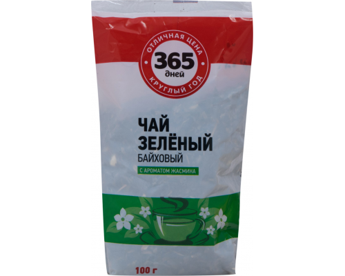 Чай зеленый 365 ДНЕЙ Китайский с ароматом жасмина байховый листовой, 100г, Россия, 100 г