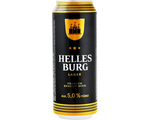 Пиво светлое HELLES BURG фильтрованное пастеризованное, 5%, ж/б, 0.5л, Литва, 0.5 L