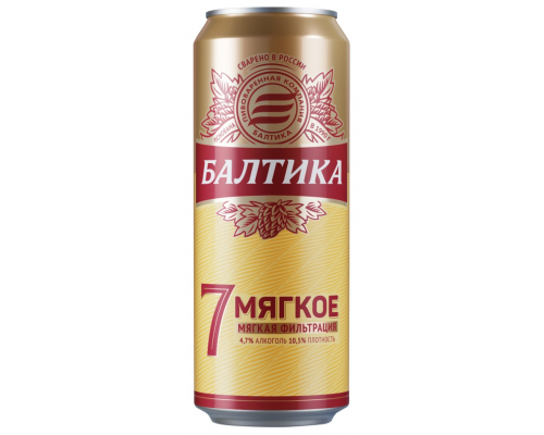 Пиво светлое БАЛТИКА №7 Мягкое фильтрованное, пастеризованное, 4,7%, ж/б, 0.45л, Россия, 0.45 L