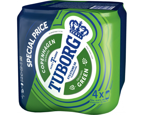 Промонабор TUBORG Green пиво светлое, 4,6%, ж/б, 0.45x4л, Россия, 1.8 L