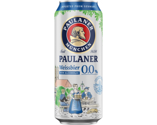 Пиво светлое безалкогольное PAULANER Hefe-weissbier нефильтрованное пастеризованное, 0,5%, ж/б, 0.5л, Германия, 0.5 L