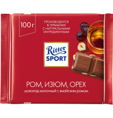 Шоколад молочный RITTER SPORT Ром, изюм, орех, 100г, Германия, 100 г