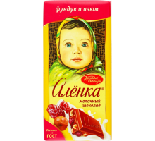 Шоколад молочный АЛЕНКА с фундуком и изюмом, 90г, Россия, 90 г