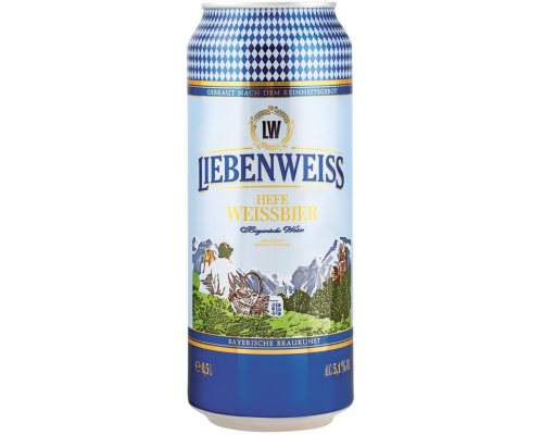 Пиво светлое LIEBENWEISS Hefe-Weissbier пшеничное нефильтрованное пастеризованное неосветленное, 5,1%, ж/б, 0.5л, Германия, 0.5 L