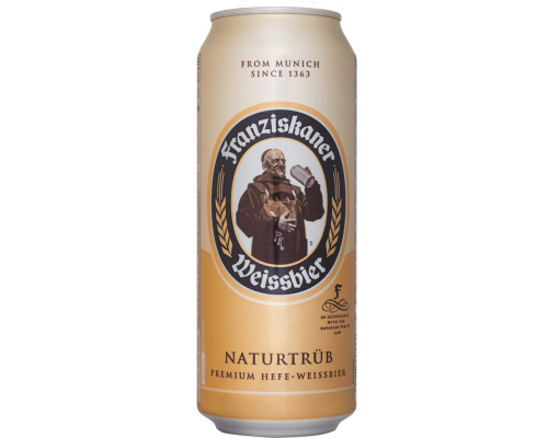 Пиво светлое FRANZISKANER Hefe-weissbier пшеничное нефильтрованное пастеризованное, 5%, ж/б, 0.5л, Германия, 0.5 L