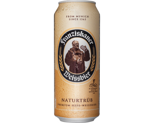 Пиво светлое FRANZISKANER Hefe-weissbier пшеничное нефильтрованное пастеризованное, 5%, ж/б, 0.5л, Германия, 0.5 L