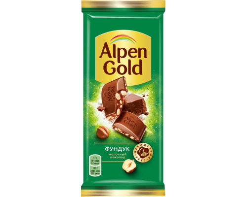 Шоколад молочный ALPEN GOLD с дробленым фундуком, 85г, Россия, 85 г