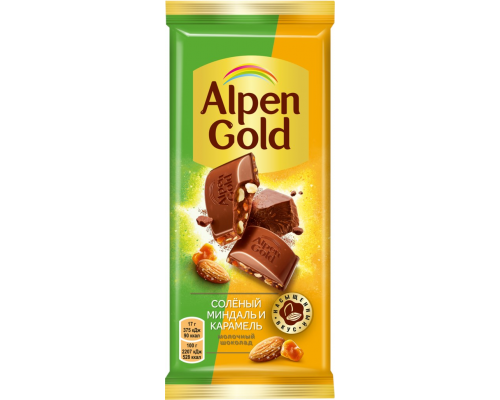 Шоколад молочный ALPEN GOLD с соленым миндалем и карамелью, 85г, Россия, 85 г