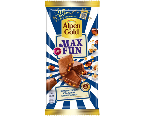 Шоколад молочный ALPEN GOLD Max Fun с мармеладом со вкусом колы, попкорна и взрывной карамели, 150г, Россия, 150 г