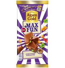 Шоколад молочный ALPEN GOLD Max Fun со взрывной карамелью, мармеладом и печеньем, 150г, Россия, 150 г