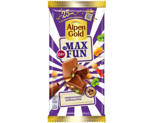 Шоколад молочный ALPEN GOLD Max Fun со взрывной карамелью, мармеладом и печеньем, 150г, Россия, 150 г