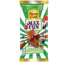 Шоколад молочный ALPEN GOLD Max Fun c фруктово-ягодными кусочками со вкусом клубники, малины, черники, черной смородины, взрывной кармели, шипучих шариков, 150г, Россия, 150 г