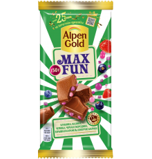 Шоколад молочный ALPEN GOLD Max Fun c фруктово-ягодными кусочками со вкусом клубники, малины, черники, черной смородины, взрывной кармели, шипучих шариков, 150г, Россия, 150 г