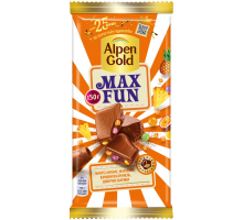 Шоколад молочный ALPEN GOLD Max Fun c фруктовыми кусочками со вкусом манго, ананаса, маракуйи, с шипучими рисовыми шариками и взрывной карамелью, 150г, Россия, 150 г