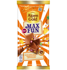 Шоколад молочный ALPEN GOLD Max Fun c фруктовыми кусочками со вкусом манго, ананаса, маракуйи, с шипучими рисовыми шариками и взрывной карамелью, 150г, Россия, 150 г