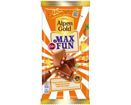 Шоколад молочный ALPEN GOLD Max Fun c фруктовыми кусочками со вкусом манго, ананаса, маракуйи, с шипучими рисовыми шариками и взрывной карамелью, 150г, Россия, 150 г