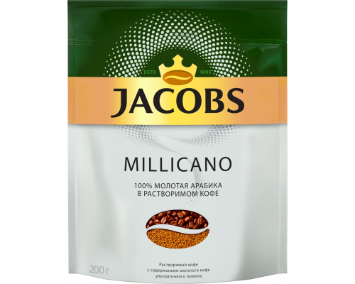 Кофе растворимый с добавлением молотого JACOBS Millicano натуральный сублимированный, 200г, Россия, 200 г