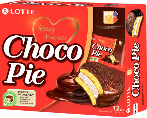 Печенье LOTTE Choco Pie бисквитное в шоколадной глазури, 12х28г, Россия, 336 г