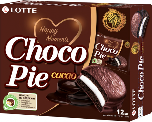 Пирожное LOTTE Choco Pie cacao бисквитное в шоколадной глазури, 12х28г, Россия, 336 г