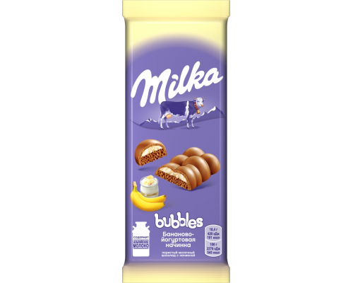 Шоколад молочный MILKA Bubbles пористый с бананово-йогуртовой начинкой, 92г, Россия, 92 г