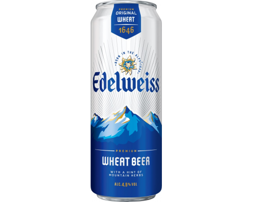 Напиток пивной EDELWEISS Wheat beer нефильтрованный пастеризованный осветленный, 4,9%, ж/б, 0.43л, Россия, 0.43 L