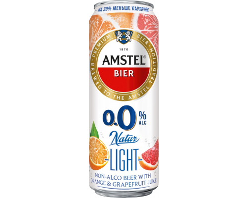 Напиток пивной безалкогольный AMSTEL 0.0 Natur Light Апельсин и грейпфрут нефильтрованный пастеризованный, 0,3%, ж/б, 0.43л, Россия, 0.43 L