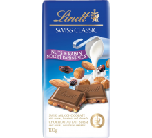 Шоколад молочный LINDT с миндалем и изюмом, 100г, Швейцария, 100 г