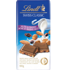 Шоколад молочный LINDT с миндалем и изюмом, 100г, Швейцария, 100 г