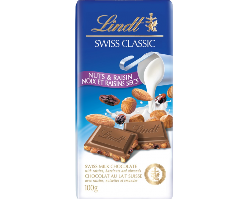 Шоколад молочный LINDT с миндалем и изюмом, 100г, Швейцария, 100 г