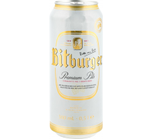 Пиво светлое BITBURGER фильтрованное непастеризованное, 4,8%, ж/б, 0.5л, Германия, 0.5 L