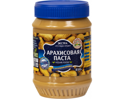 Паста арахисовая АЗБУКА ПРОДУКТОВ с кусочками арахиса, 510г, Китай, 510 г