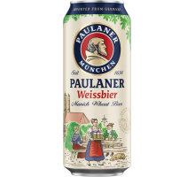 Пиво светлое PAULANER Hefe-weissbier нефильтрованное пастеризованное, 5,5%, ж/б, 0.5л, Германия, 0.5 L