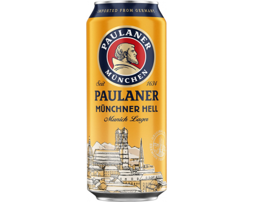 Пиво светлое PAULANER Munchner hell фильтрованное пастеризованное, 4,9%, ж/б, 0.5л, Германия, 0.5 L