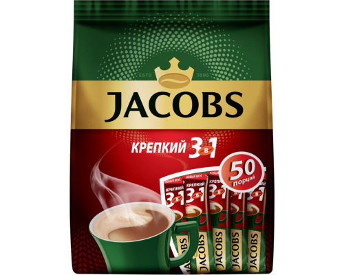 Напиток кофейный растворимый JACOBS 3в1 Крепкий, 50пак, Россия, 50 пак