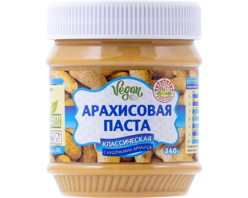 Паста арахисовая АЗБУКА ПРОДУКТОВ Классическая c кусочками арахиса, 340г, Индия, 340 г