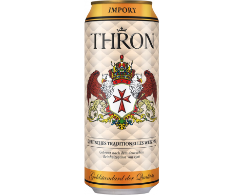 Пиво светлое THRON WEIZEN пшеничное нефильтрованное пастеризованное 4,9%, 0.5л, Германия, 0.5 L