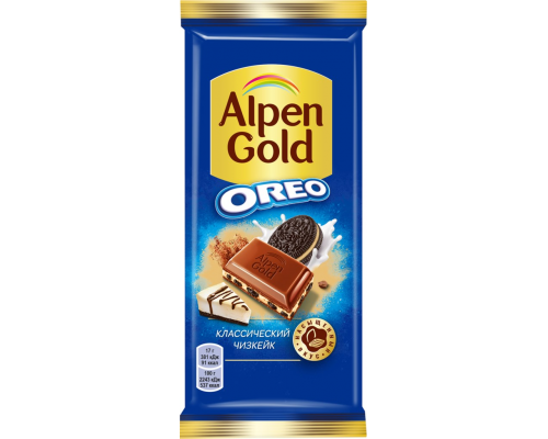 Шоколад молочный ALPEN GOLD Орео классический чизкейк с начинкой с добавлением сухого сыра и кусочками печенья, 90г, Россия, 90 г