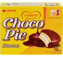 Печенье LOTTE Choco Pie Banana бисквитное в шоколадной глазури, 12х28г, Россия, 336 г