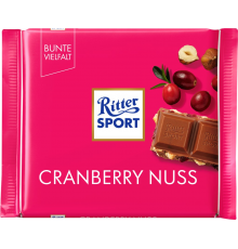 Шоколад молочный RITTER SPORT с кусочками клюквы и орехом лещины, 100г, Германия, 100 г