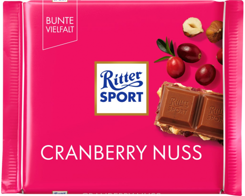 Шоколад молочный RITTER SPORT с кусочками клюквы и орехом лещины, 100г, Германия, 100 г